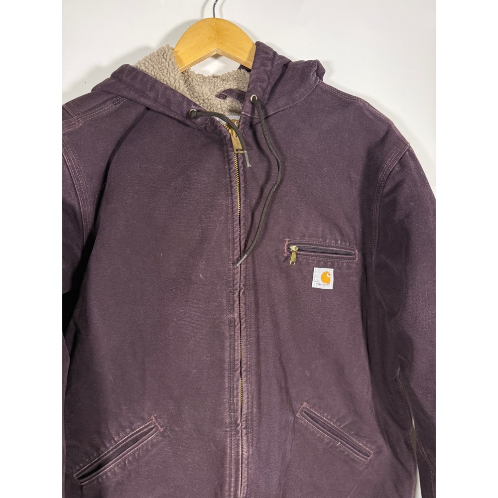 Carhartt Plum Purple Sherpa Lined Sandstone Duck Hooded Jacket Mens XL 16/18
